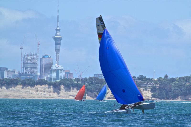 Estela Jentsch and Daniel Brown (GER) heading for a win in race 5 - Int Tornado Worlds - Day 3, presented by Candida, January 7, photo copyright Richard Gladwell taken at Takapuna Boating Club and featuring the Tornado class