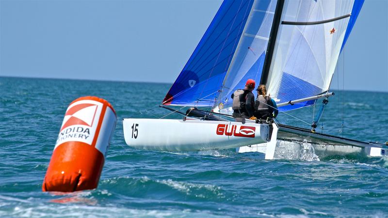 Pavlis and Pavlisova (CZE) lead around Mark 1 - Race 6 - Int Tornado Worlds - Day 3, presented by Candida, January 7, photo copyright Richard Gladwell taken at Takapuna Boating Club and featuring the Tornado class