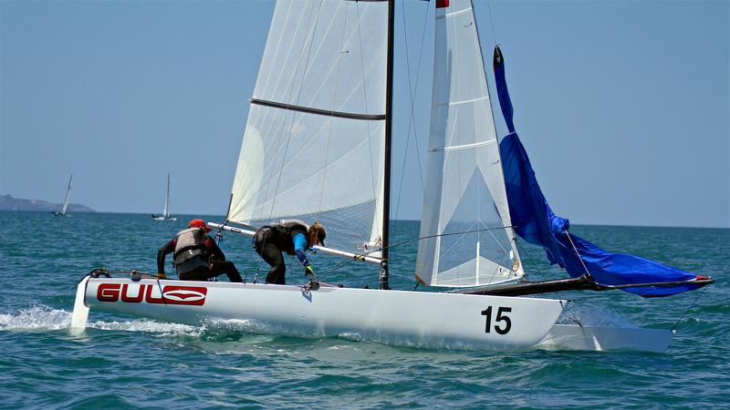 Pavlis and Pavlisova (CZE) lead around Mark 1 - Race 6 - Int Tornado Worlds - Day 3, presented by Candida, January 7, photo copyright Richard Gladwell taken at Takapuna Boating Club and featuring the Tornado class