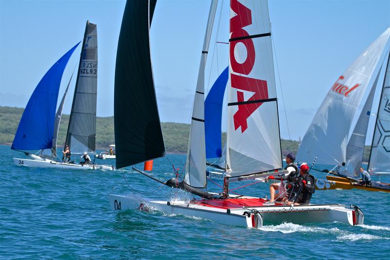 Julian Tankard and Simon Cooke (NZL) - Race 6 finish - Int Tornado Worlds - Day 3, presented by Candida, January 7, photo copyright Richard Gladwell taken at Takapuna Boating Club and featuring the Tornado class