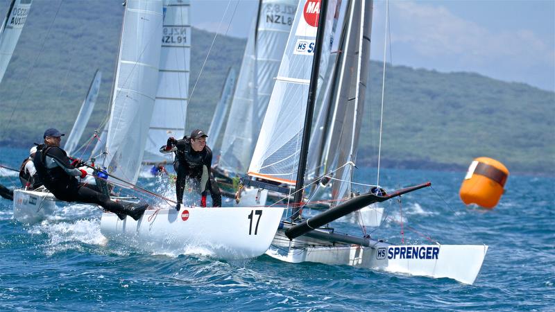 Top mark queue - Race 9 - Int Tornado Worlds - Day 5, presented by Candida, January 10, 2019 photo copyright Richard Gladwell taken at Takapuna Boating Club and featuring the Tornado class