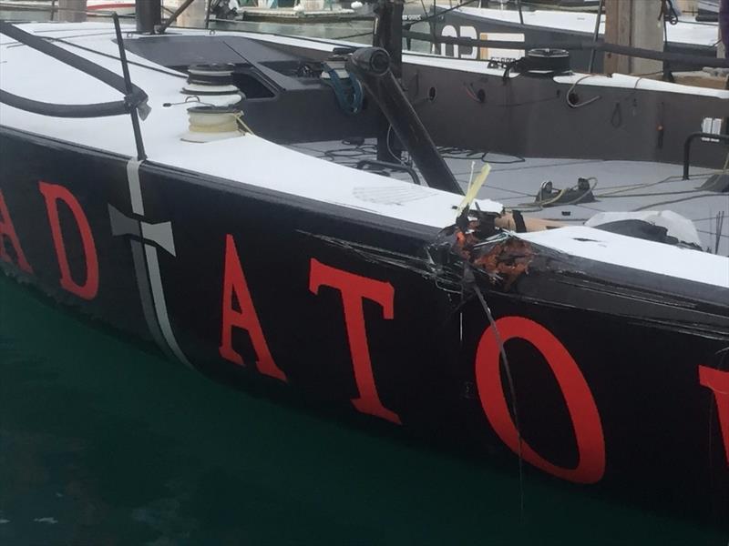 Damage to Gladiator on day 1 of the 52 SUPER SERIES Miami Royal Cup photo copyright 52 SUPER SERIES taken at Biscayne Bay Yacht Club and featuring the TP52 class