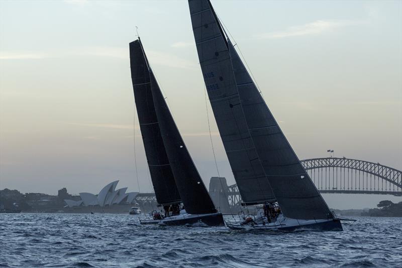 Sam Haynes' TP52 Celestial leads Jason Ward's Mills 45 Concubine at the twilight start of the 2017 Newcastle Bass Island Race photo copyright David Brogan taken at Cruising Yacht Club of Australia and featuring the TP52 class