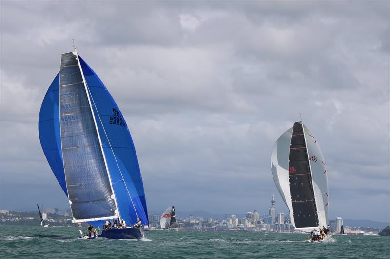 Brian Petersen's new yacht, V5 (left) and his old yacht Ran Tan II (right) running downwind in the 2018 Jack Tar Auckland Regatta photo copyright Photo supplied taken at Royal New Zealand Yacht Squadron and featuring the TP52 class