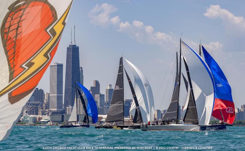 A fast and furious TP 52 start to the Chicago to Mackinac Race just offshore the Chicago city skyline photo copyright CYCRTM / Stephen R. Cloutier taken at Chicago Yacht Club and featuring the TP52 class