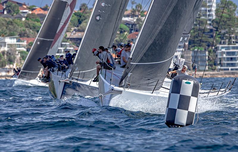 Close mark rounding on Day 1 of the Pallas Capital TP52 Gold Cup photo copyright Bow Caddy Media taken at Cruising Yacht Club of Australia and featuring the TP52 class