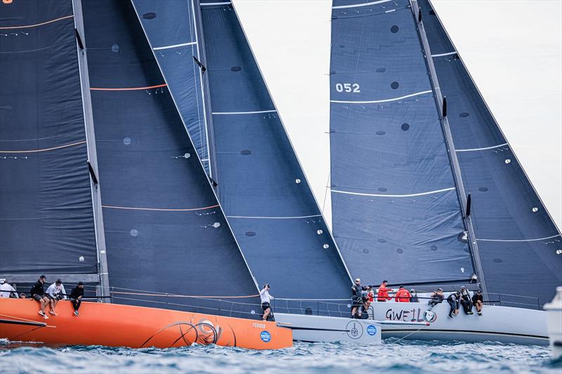 Secret Mens Business, Highly Sprung and Gweilo off the start on day 2 of 2023 Pallas Capital TP52 Gold Cup Act 2 photo copyright Salty Dingo / SailFest Newcastle taken at Newcastle Cruising Yacht Club and featuring the TP52 class