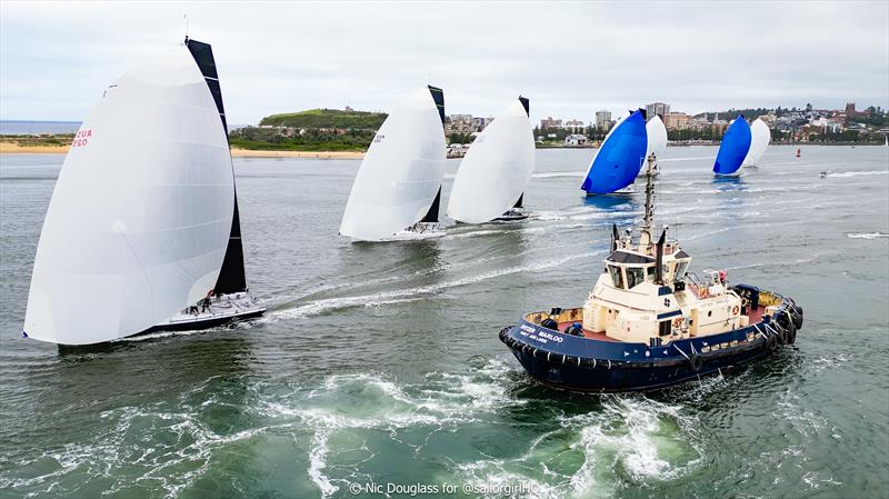 Matador leads last season over a tug boat photo copyright Nic Douglass for @sailorgirlhq taken at Cruising Yacht Club of Australia and featuring the TP52 class