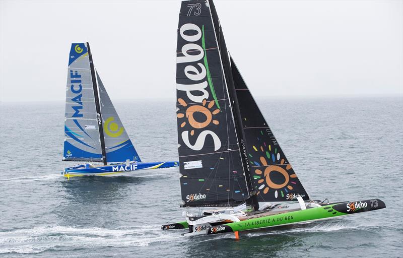 The Ultimes fly off to Eddystone Lighthouse at 25 knots during The Transat bakerly 2016 start photo copyright Lloyd Images taken at  and featuring the Trimaran class