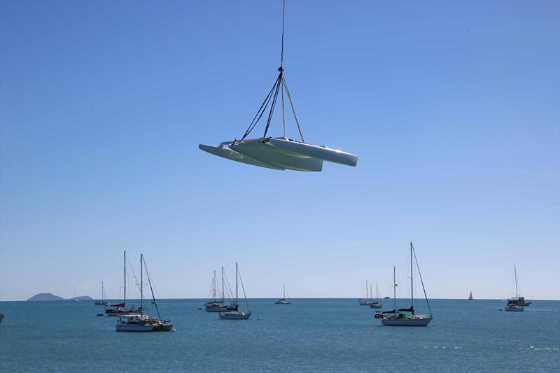 G'Nome delivered by helicopter for Airlie Beach Race Week 2017 photo copyright Terry Archer taken at Whitsunday Sailing Club and featuring the Trimaran class