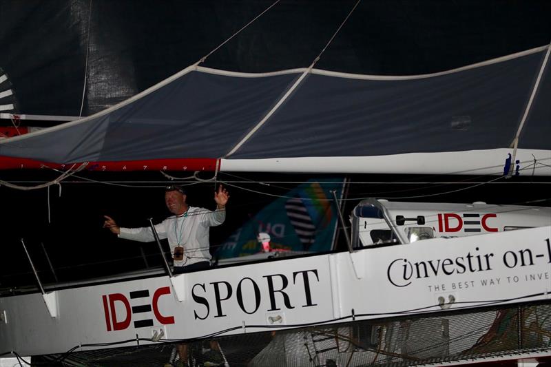 Francis Joyon (IDEC Sport) after crossing the line in Guadeloupe in first place in the Route du Rhum-Destination Guadeloupe photo copyright Alexis Courcoux taken at  and featuring the Trimaran class