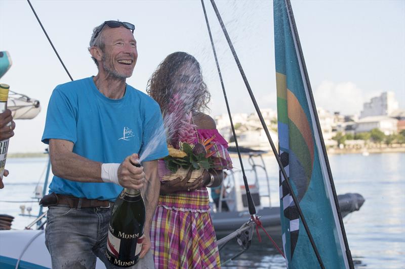 Antoine finished in 15 days, 21 hours and 15 minutes which sets a new record for the Rhum Multi class in the Route du Rhum-Destination Guadeloupe photo copyright Alexis Courcou taken at  and featuring the Trimaran class