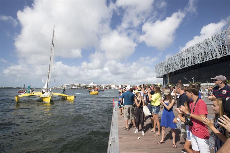 Crowds lined the pontoons and breakwaters at Pointe-à-Pitre's Memorial ACTe to greet Loïck Peyron and Happy after finishing the Route du Rhum-Destination Guadeloupe - photo © Alexis Courcoux