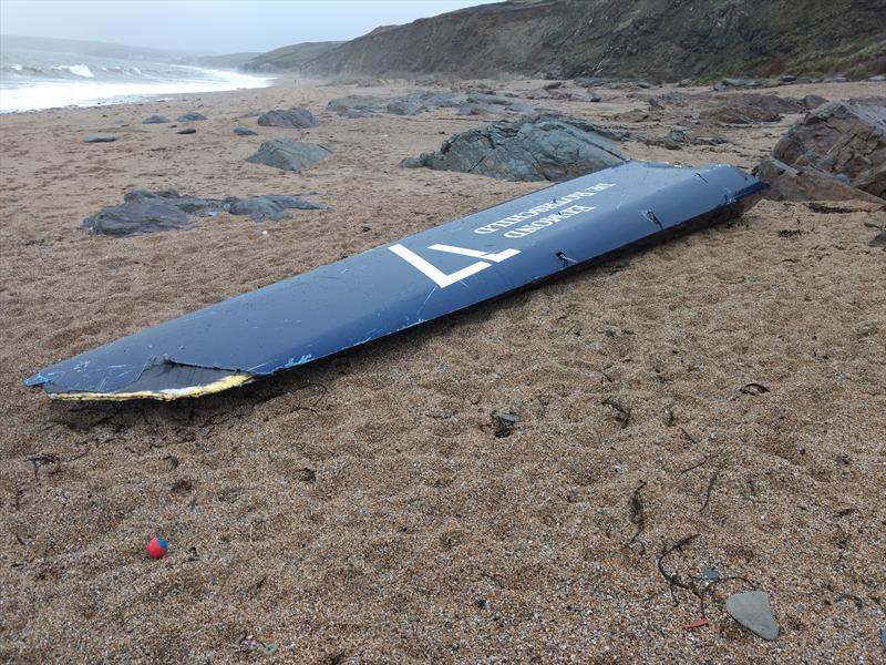 The bow section of Gitana 17 washes up on the beach at Gunwalloe Fishing Cove, Cornwall - photo © John Mee