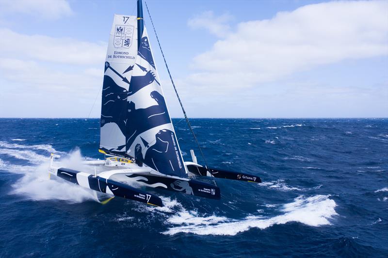 The Maxi Edmond de Rothschild sets sail on their Jules Verne Trophy record attempt photo copyright Y.Riou / polaRYSE / Gitana S.A taken at  and featuring the Trimaran class