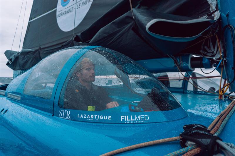 François Gabart heads back out to sea alongside Tom Laperche aboard the Trimaran SVR Lazartigue for the Transat Jacques Vabre photo copyright Guillaume Gatefait taken at  and featuring the Trimaran class