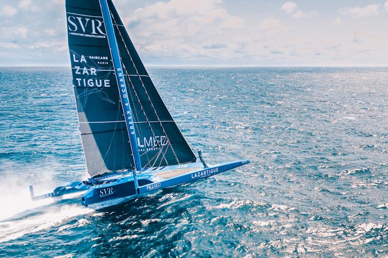 François Gabart heads back out to sea alongside Tom Laperche aboard the Trimaran SVR Lazartigue for the Transat Jacques Vabre photo copyright Guillaume Gatefait taken at  and featuring the Trimaran class