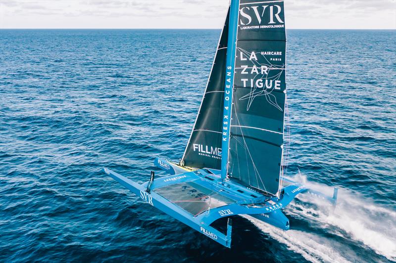 François Gabart heads back out to sea alongside Tom Laperche aboard the Trimaran SVR Lazartigue for the Transat Jacques Vabre photo copyright Guillaume Gatefait taken at  and featuring the Trimaran class