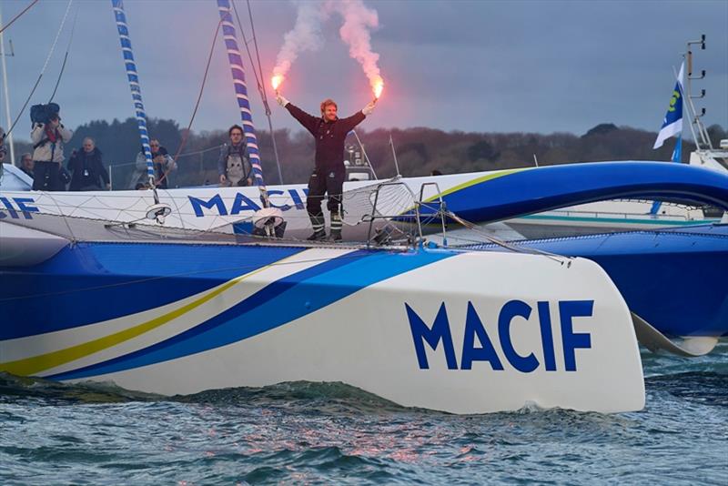 Celebration with flares during solo sailing circumnavigation record for Trimaran MACIF, skipper Francois Gabart - photo © Yvan Zedda / ALeA / Macif