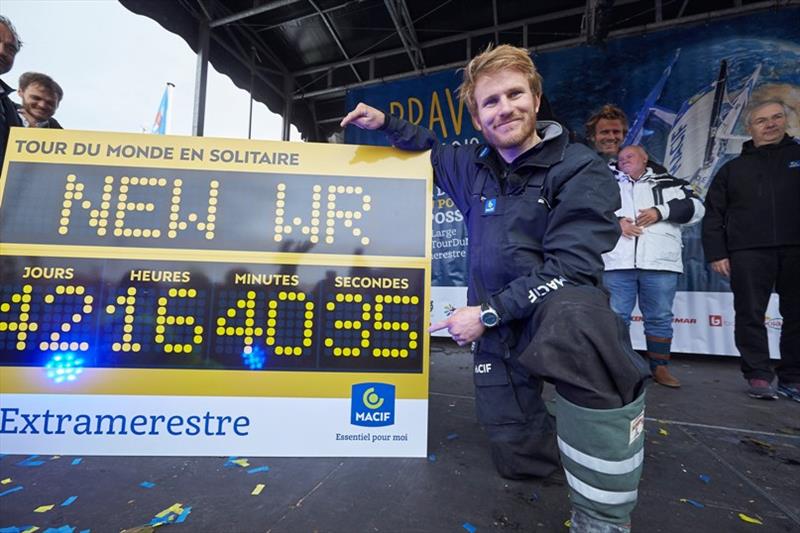 Arrival of Solo sailing circumnavigation record for Trimaran MACIF, skipper Francois Gabart - photo © Alexis Courcoux / Macif