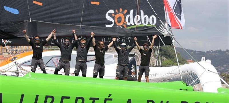The crew of Sodebo Ultim' wins Nice UltiMed photo copyright Jean-Marie Liot / ASO taken at  and featuring the Trimaran class
