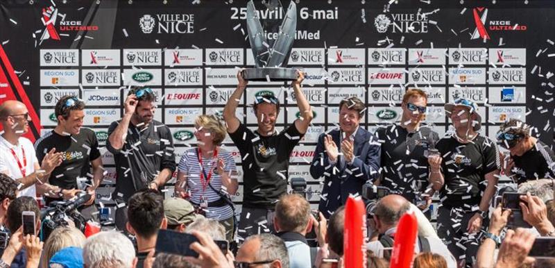 Victory for the crew of Sodebo Ultim' in the Nice UltiMed photo copyright Jean-Marie Liot / ASO taken at  and featuring the Trimaran class