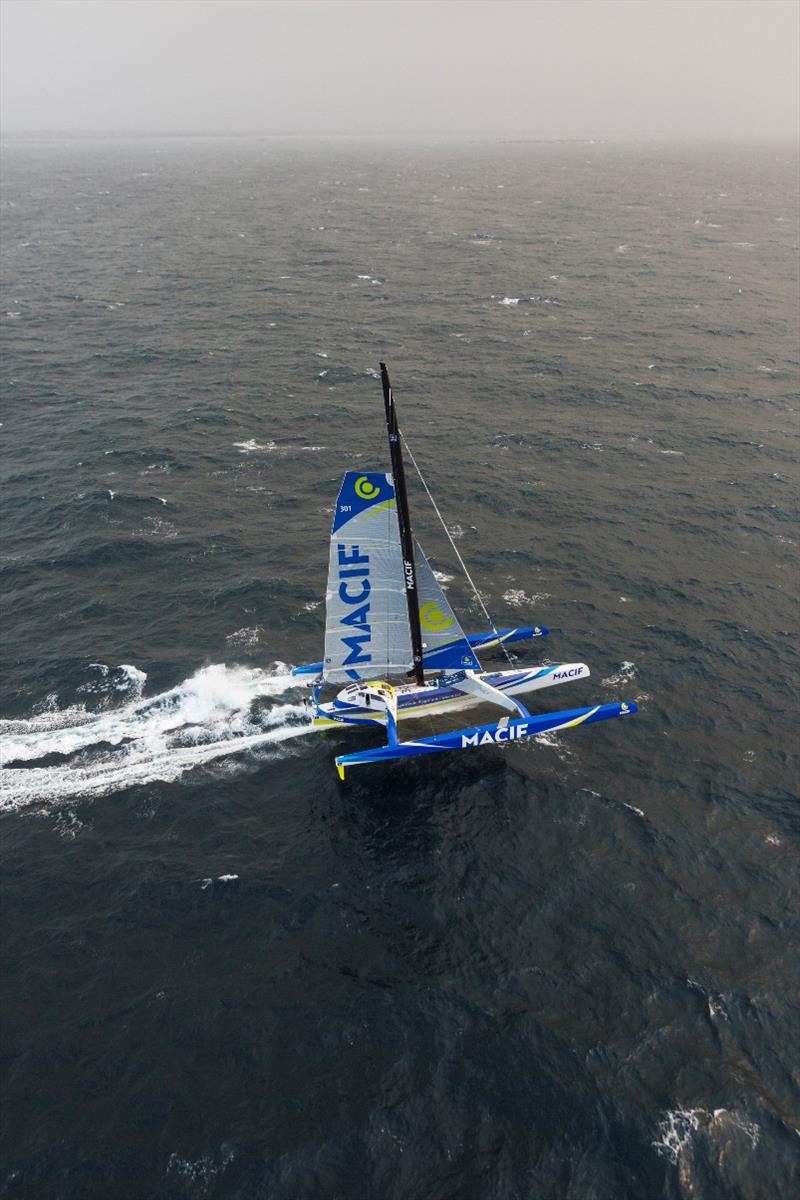 Aerial images of Francois Gabart onboard Ultim MACIF, training before the Round the Word Solo Handed Record, off Belle Ile photo copyright Jean-Marie Liot / ALéA / Macif taken at  and featuring the Trimaran class