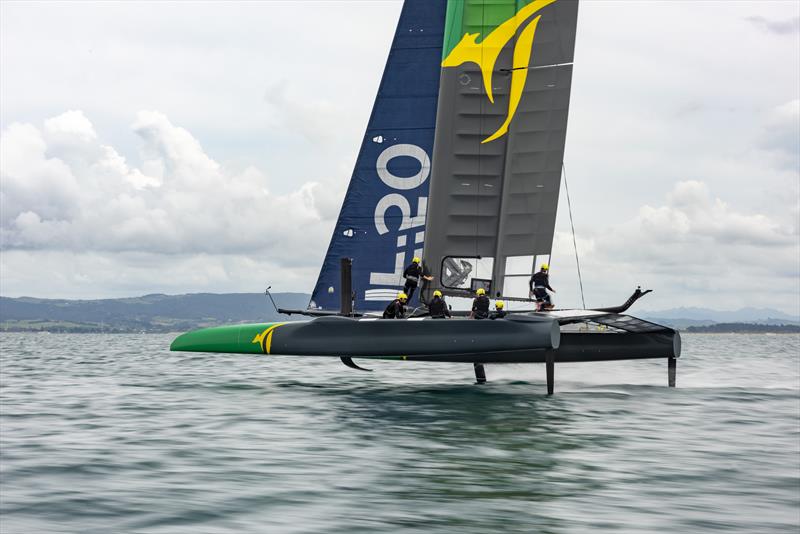 Australia SailGP Team get familiar with their F50. Marsden Point, Bream Bay. Northland, New Zealand. Â photo copyright Chris Cameron taken at  and featuring the Trimaran class