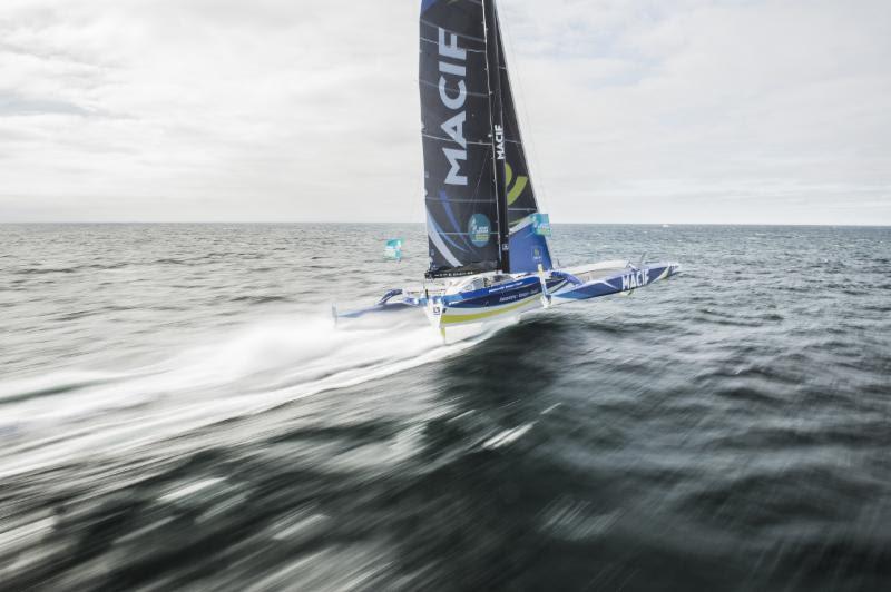 Flying - Francois Gabart's Ultime triamaran MACIF touched 49.4 knots in the Route du Rhum - photo © Vincent Curutchet / ALe'A