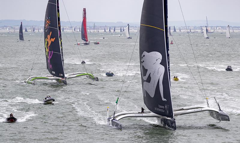 Multihull race start - Rolex Fastnet Race 2019 photo copyright Carlo Borlenghi taken at Royal Ocean Racing Club and featuring the Trimaran class