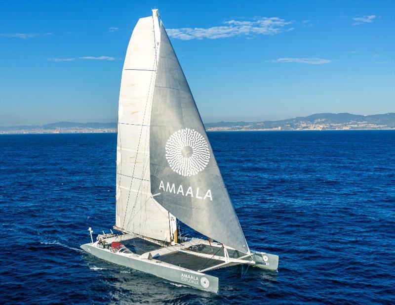 The 33-meter (110-foot) AMAALA Explorer at sea during two-week OceanoScientific Expedition to study river pollutants photo copyright AETOSWire taken at  and featuring the Trimaran class