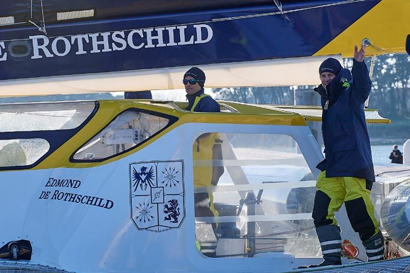 Departure of the Maxi Edmond de Rothschild, from the pontoons of Lorient - Jules Verne Trophy photo copyright Y.Zedda / Gitana S.A taken at  and featuring the Trimaran class