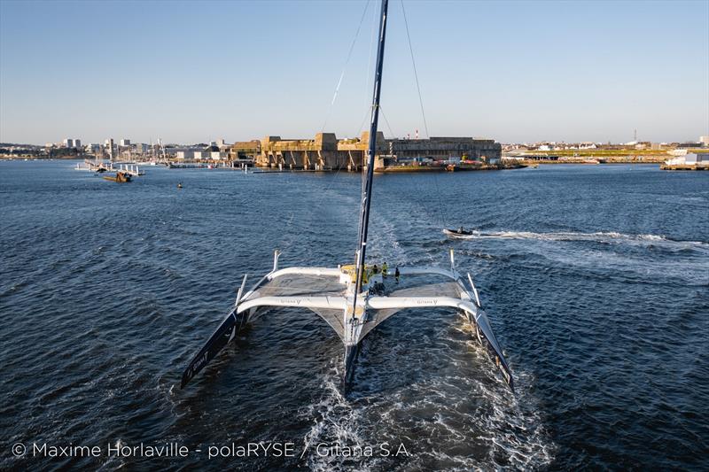 The Maxi Edmond de Rothschild sets off again on their Jules Verne Trophy record attempt photo copyright M.Horlaville / polaRYSE / Gitana S.A taken at  and featuring the Trimaran class