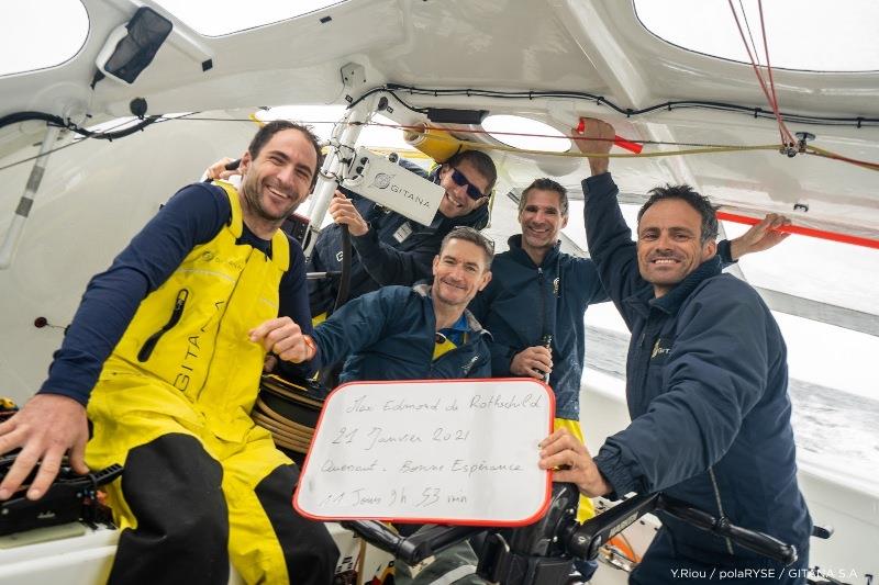 Maxi Edmond de Rothschild crew - Jules Verne Trophy record attempt photo copyright Yann Riou / Polaryse / Gitana SA taken at  and featuring the Trimaran class