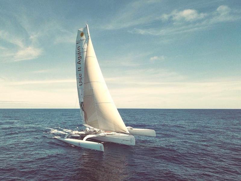 Romain Pilliard is using Dame Ellen MacArthur's ex-trimaran to promote circular economy and ocean protection on Use it Again - photo © Imbaud Verhaegen