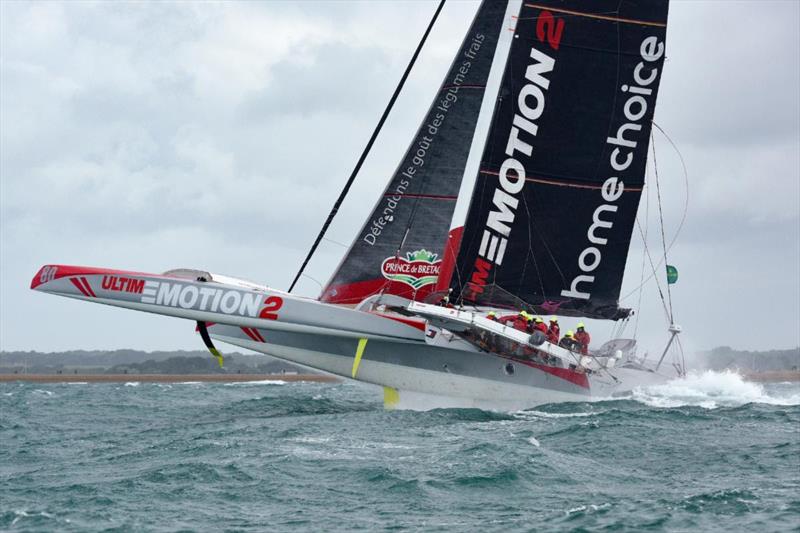 Antoine Rabaste's Ultim'Emotion 2 (FRA) has a waterline advantage over the three 70-foot trimaran photo copyright Rick Tomlinson / www.rick-tomlinson.com taken at Royal Ocean Racing Club and featuring the Trimaran class