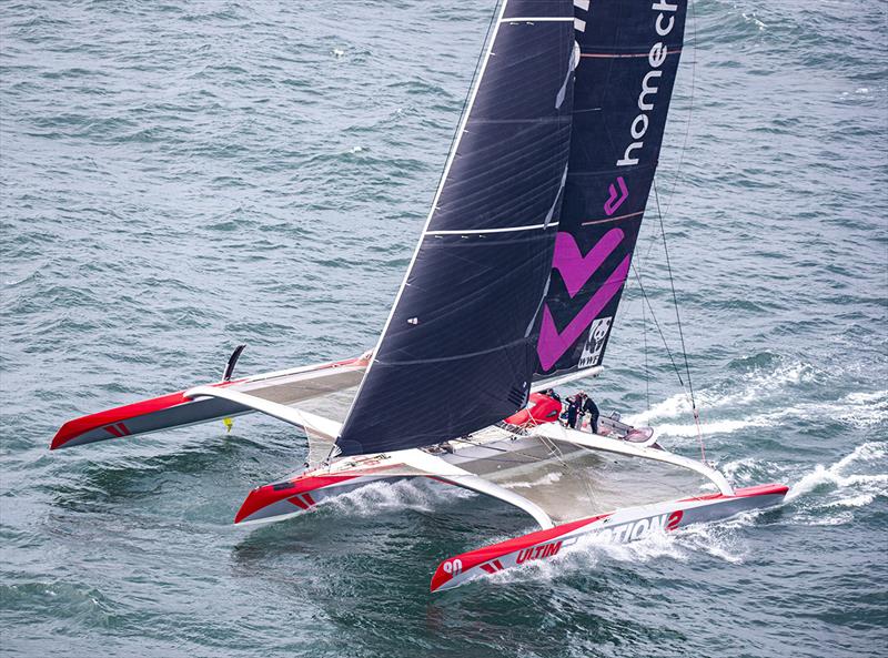 The 80-foot Ultim'emotion2 got off to a fast start but dropped its rig, early in the evening - 52nd Newport Bermuda Race photo copyright Daniel Forster / PPL taken at Royal Bermuda Yacht Club and featuring the Trimaran class