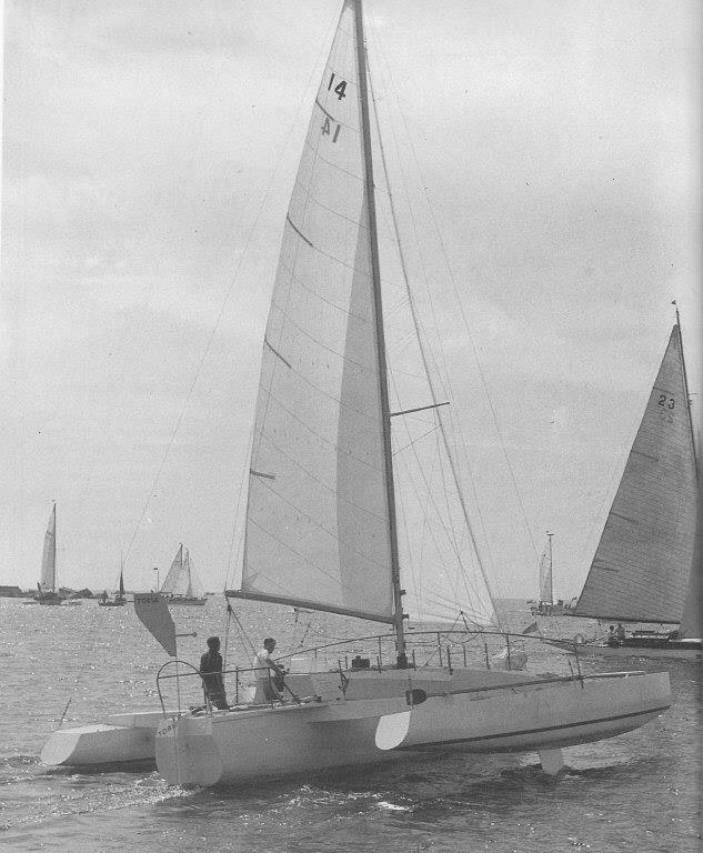 Toria in which Derek Kelsall won the 1966 Two Handed Round Britain Race in 1966 photo copyright Unknown taken at Royal Western Yacht Club, England and featuring the Trimaran class