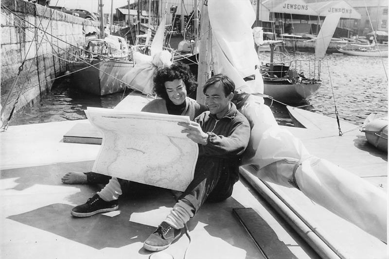 Derek and his first wife Claire Kelsall on the deck of the 35' Piver trimaran before the 1964 OSTAR race start photo copyright Unknown taken at Royal Western Yacht Club, England and featuring the Trimaran class