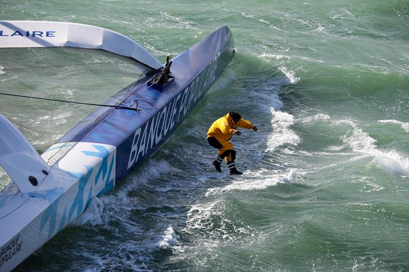 Support crew leadp off Ultim Banque Populaire XI, before the start of Transat Jacques Vabre in Le Havre, France, on October 29, 2023 - photo © Jean-Marie Liot