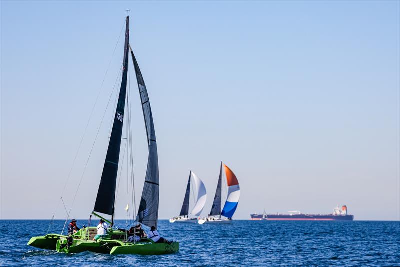SKnot during the Holiday Inn & Suites Geelong Passage Race at the Festival of Sails 2026 photo copyright Salty Dingo taken at Royal Geelong Yacht Club and featuring the Trimaran class