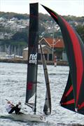 Red Energy on the boil during the 12ft Skiff 2024 NSW Sprint Championship on Sydney Harbour © Grant Casey