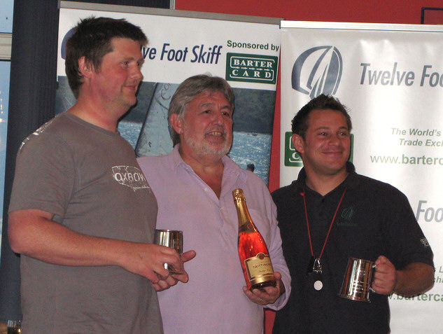 Chris Ghandi & Tom Vian win the 12ft Skiff Bartercard Cup at Draycote, together with Brian Whitford (Bartercard, centre) photo copyright Amy Grant taken at Draycote Water Sailing Club and featuring the 12ft Skiff class