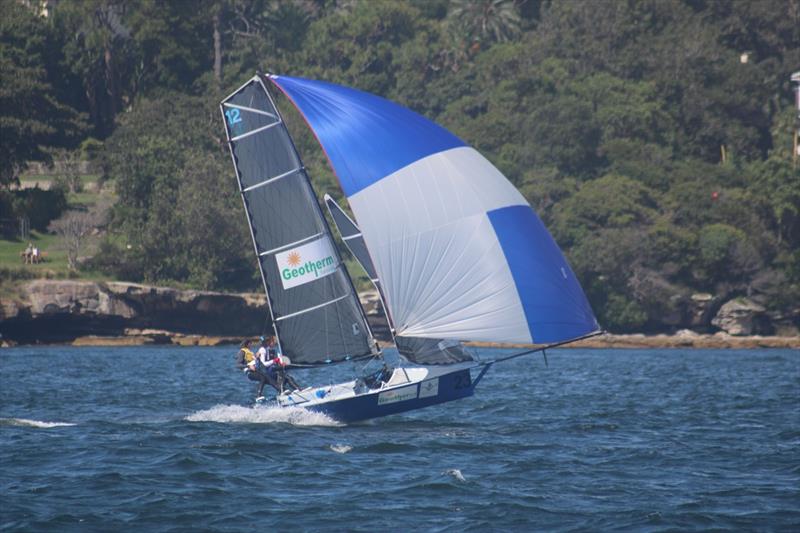 Geotherm blasting ahead of the 12ft Skiff Australian Championship photo copyright Vita Williams taken at Lane Cove 12ft Sailing Skiff Club and featuring the 12ft Skiff class