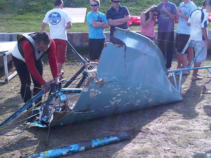 Foxy Lady Too is completely destroyed after being run over by a large sailing ship photo copyright 12ft Skiff Class Association taken at Sydney Flying Squadron and featuring the 12ft Skiff class