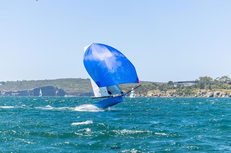 Monkey Wrench airborne - 2026 Tri Search 12ft Skiff Interdominion Championship - Day 4 photo copyright @sprottmedia taken at Australian 18 Footers League and featuring the 12ft Skiff class
