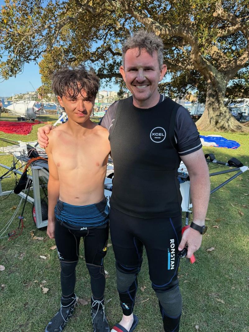 Oliver Smith and his dad Jacob during the 2026 Tri Search 12ft Skiff Interdominion Championship photo copyright Di Pearson taken at Australian 18 Footers League and featuring the 12ft Skiff class