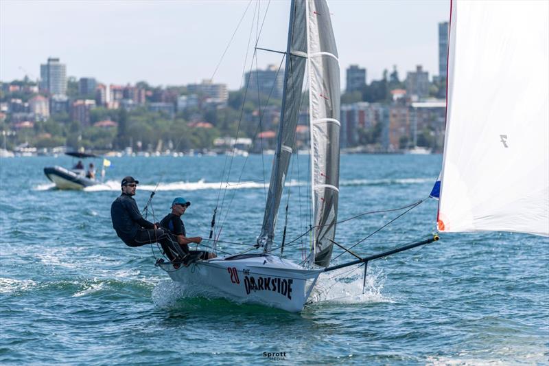Tim Bartlett and Matt Hix on 'The Darkside' from NZL during the 2026 Tri Search 12ft Skiff Interdominion Championship - photo © @sprottmedia