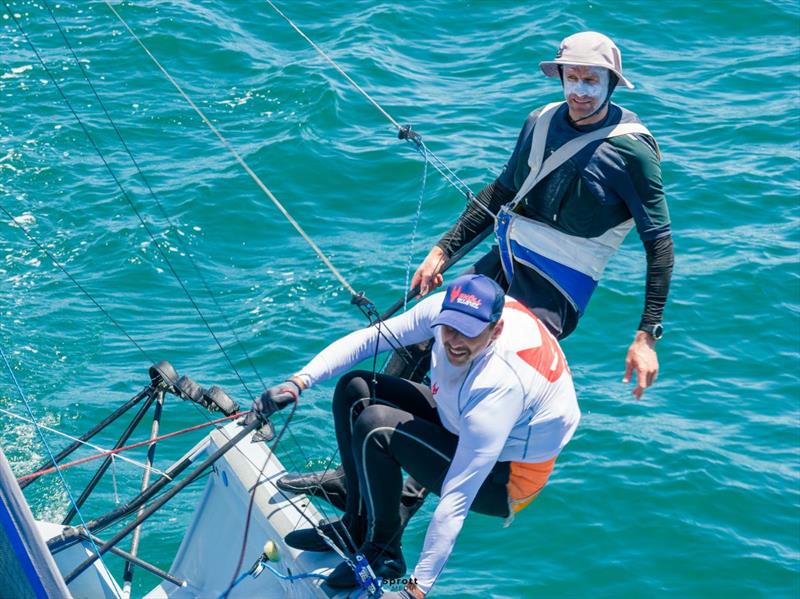 Brett Hobson (white hat) and replacement crew Robbie Polec on the wire - 2026 Tri Search 12ft Skiff Interdominion Championship photo copyright sprottmedia taken at  and featuring the 12ft Skiff class