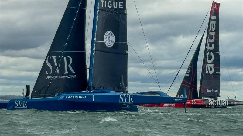 SVR Lazartigue and Ultim Actual 4 - Start - Rolex Fastnet - Cowes - July 26, 2025 photo copyright Richard Gladwell - Sail-World.com/nz taken at Royal Ocean Racing Club and featuring the Ultim class